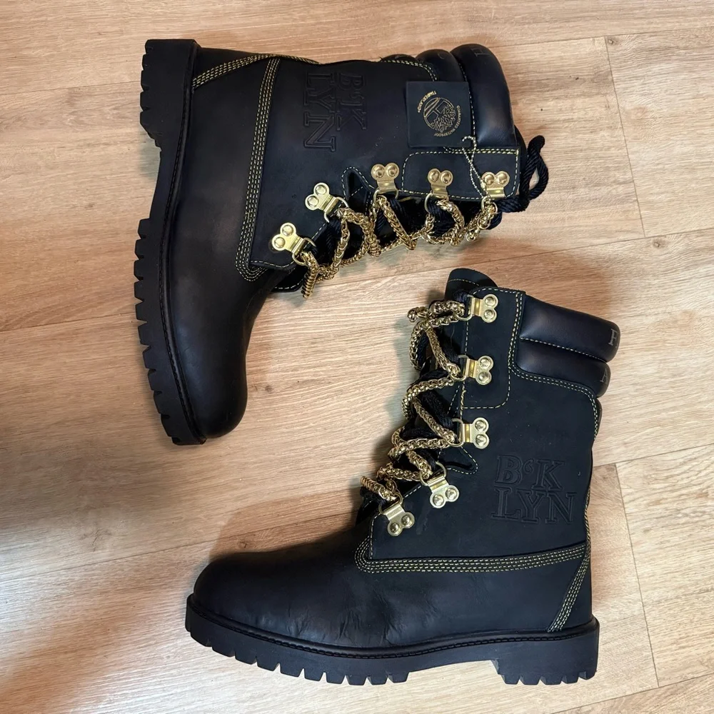 Timberland Planet Brooklyn PRO CUSTOM MADE Black and Plated Gold Chain Boots - Picture 2 of 16
